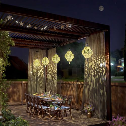 HAPJOY أضواء شمسية معلقة من هابجوي لتزيين الحدائق الخارجية، فوانيس شمسية مقاومة للماء، زينة مغربية خارجية للفناء، الممر، الفناء الخلفي، تزيين الحدائق (1، أبيض) - Image 5