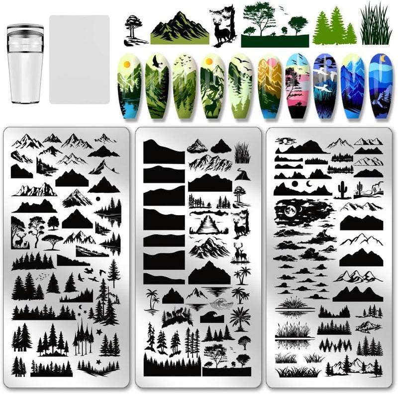 PH PandaHall 3pcs Mountains Nail Stamping Plate Nature Nail Art Templates Plant Tree Lake Moon DIY Image Stamping Plates Tool Stencils for Women Print Manicures Salon Design Supplies