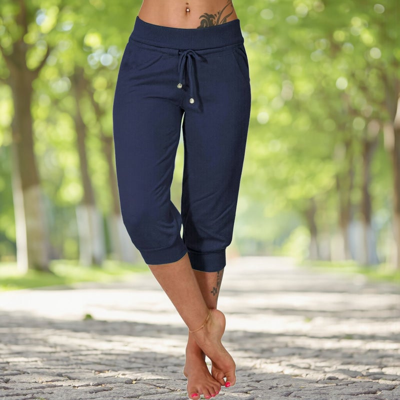 Womens High Stretch Quick Dry Capri Pants Drawstring Pocket Workout Active Navy M - Image 4