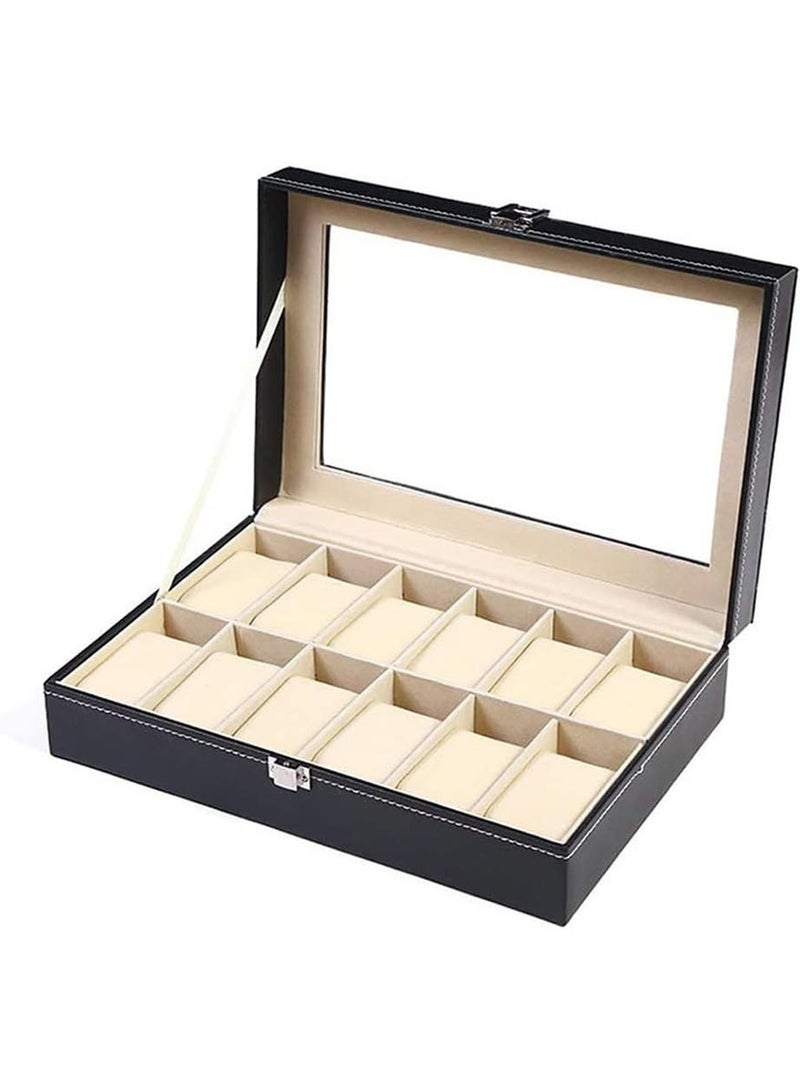 Omelo Watch Case Luxury Watch Storage 12-bit Leather Watch Box Watch Box Window Open Watch Storage Box Jewelry Box for Watch Display and Storage (Color: Black, Size: 30x20x8cm) - Image 1