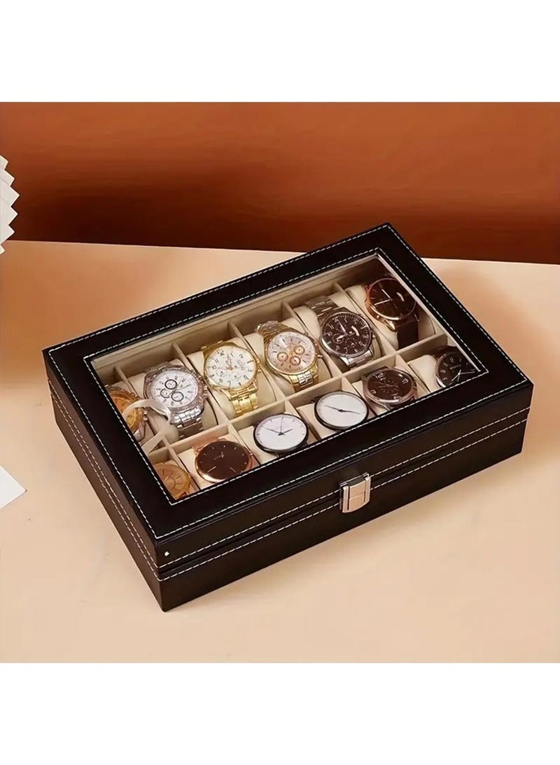 Omelo Watch Case Luxury Watch Storage 12-bit Leather Watch Box Watch Box Window Open Watch Storage Box Jewelry Box for Watch Display and Storage (Color: Black, Size: 30x20x8cm) - Image 3