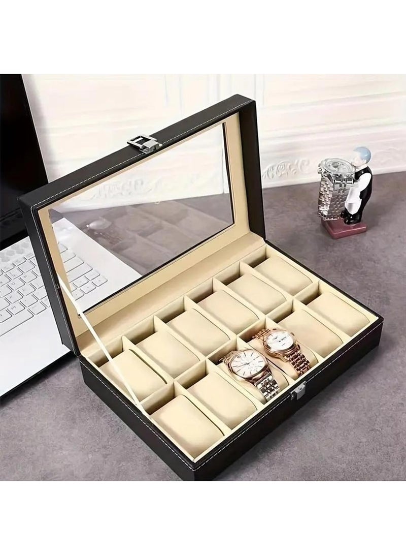 Omelo Watch Case Luxury Watch Storage 12-bit Leather Watch Box Watch Box Window Open Watch Storage Box Jewelry Box for Watch Display and Storage (Color: Black, Size: 30x20x8cm) - Image 2