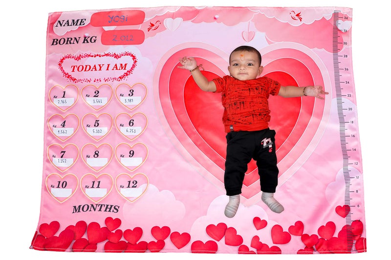 Keshav Creation Baby Boy's and Baby Girl's Monthly Milestone Forever Love Growth Chart Picture Blanket with Month Marker Multicolour 0 to 12 Months_Heart - Image 1