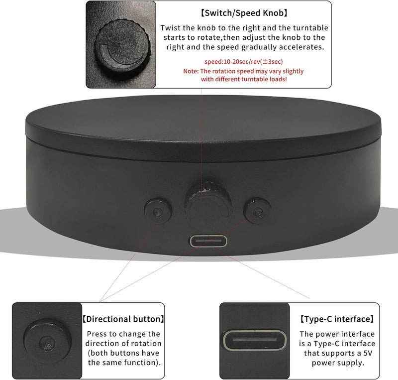 ComXim Rotating Display Stand Easy to Switch Direction, Spinning Platform Adjustable Speed, 360 Degree Motorized Photography Turntable for Jewelry, Shoes Display and Shooting, Lazy Susan(4.53" black) - Image 3