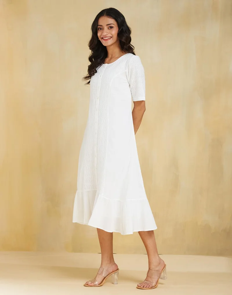 Fabindia White Embroidered Dress