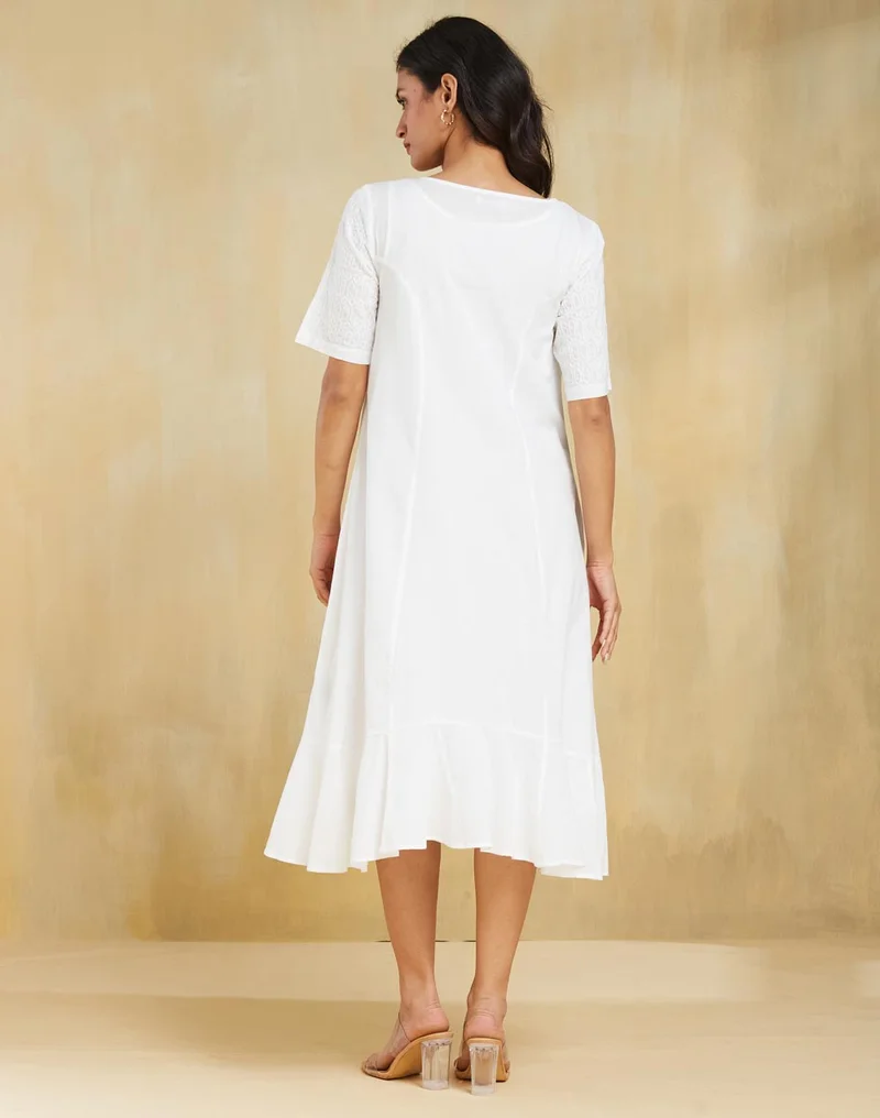 Fabindia White Embroidered Dress