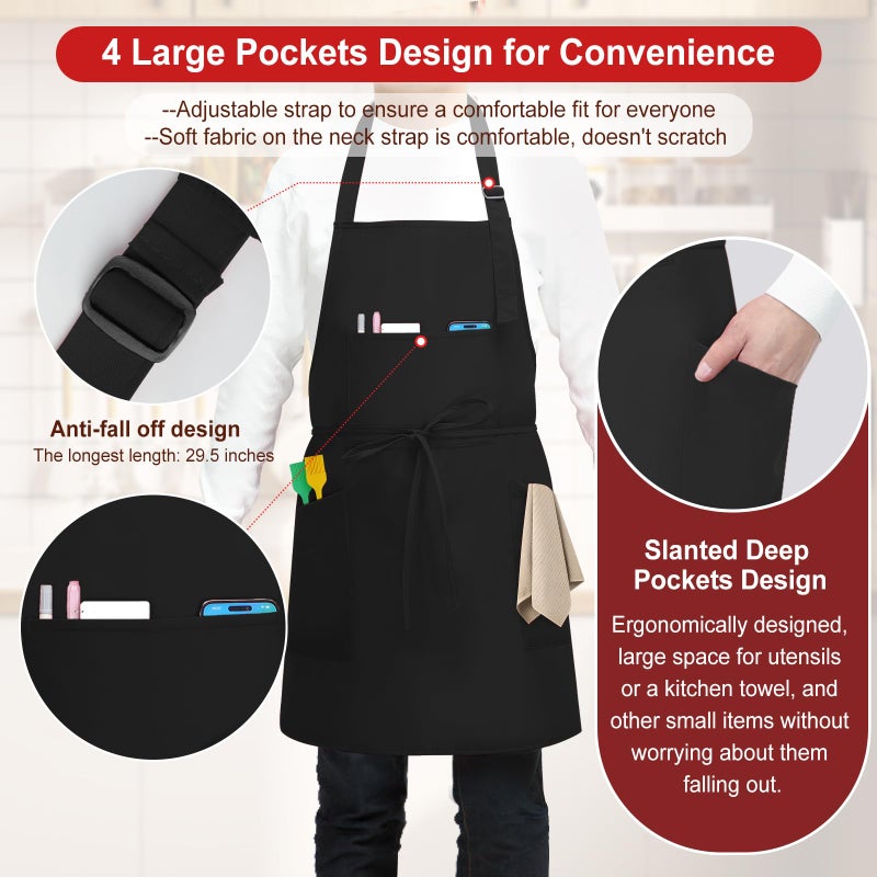 SHEOMERN 3 Pcs Dual Waterproof Oilproof Kitchen Chef Aprons with 4 Pockets for Men Women, Adjustable Soft Anti-Tear Cooking Bib Apron for Baking Grilling BBQ Painting Cleaning (Black) - Image 4