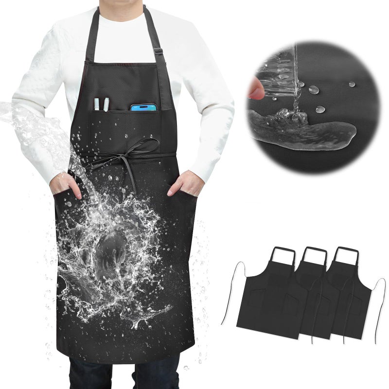 SHEOMERN 3 Pcs Dual Waterproof Oilproof Kitchen Chef Aprons with 4 Pockets for Men Women, Adjustable Soft Anti-Tear Cooking Bib Apron for Baking Grilling BBQ Painting Cleaning (Black) - Image 1