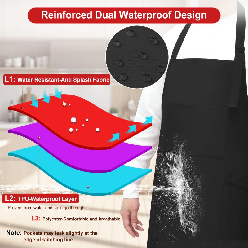 SHEOMERN 3 Pcs Dual Waterproof Oilproof Kitchen Chef Aprons with 4 Pockets for Men Women, Adjustable Soft Anti-Tear Cooking Bib Apron for Baking Grilling BBQ Painting Cleaning (Black) - Image 2