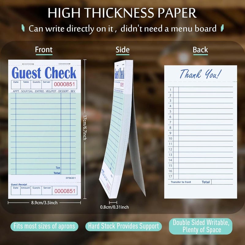DGBDPACK Guest Checks for Servers （6 Books）, Server Note Pads, Waiter Checkbook, Waitress Notepad for Restaurants, 50 Sheets/Pack, 300 Total Tickets,(Green, 6.75"x3.5") - Image 2