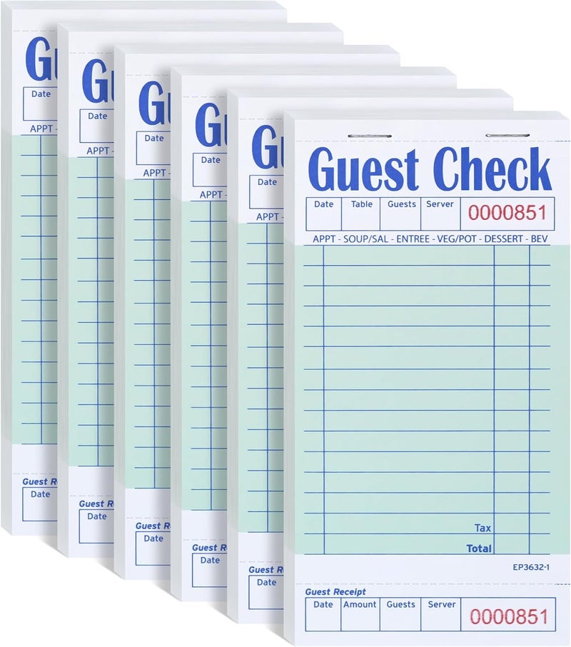 DGBDPACK Guest Checks for Servers （6 Books）, Server Note Pads, Waiter Checkbook, Waitress Notepad for Restaurants, 50 Sheets/Pack, 300 Total Tickets,(Green, 6.75"x3.5") - Image 1