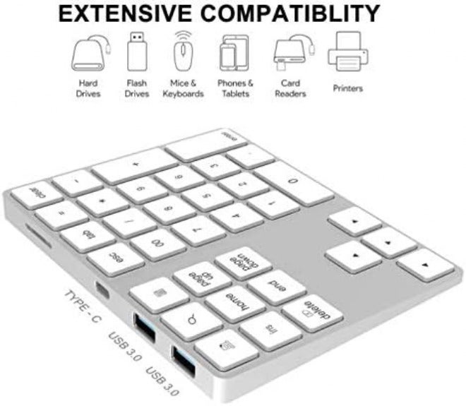 لوحة مفاتيح رقمية مكونة من 34 زرًا + محور من نوع USB-C بتقنية البلوتوث، لوحة مفاتيح رقمية قابلة لإعادة الشحن، نحيفة وخارجية، لإدخال البيانات، مناسبة لأنظمة التشغيل مثل OS وأندرويد (لون فضي). - Image 2