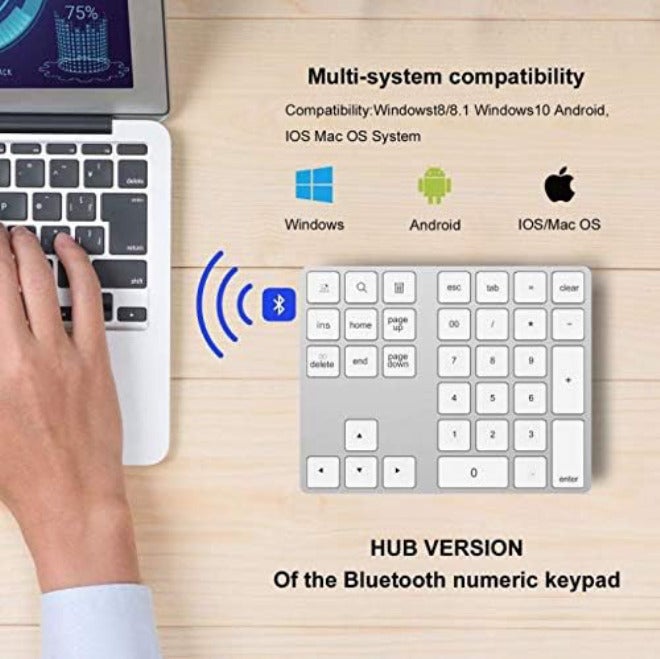 لوحة مفاتيح رقمية مكونة من 34 زرًا + محور من نوع USB-C بتقنية البلوتوث، لوحة مفاتيح رقمية قابلة لإعادة الشحن، نحيفة وخارجية، لإدخال البيانات، مناسبة لأنظمة التشغيل مثل OS وأندرويد (لون فضي). - Image 3