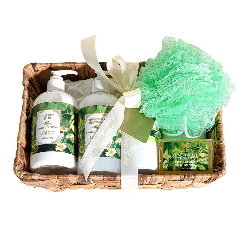Camille Beckman Essentials Gift basket, Vitamin E Unscented, Glycerine Hand Therapy 6 oz, Silky Body Cream 13 oz, Hand and Shower Cleansing Gel 13 oz, Glycerine Soap 3.5 oz - Image 1