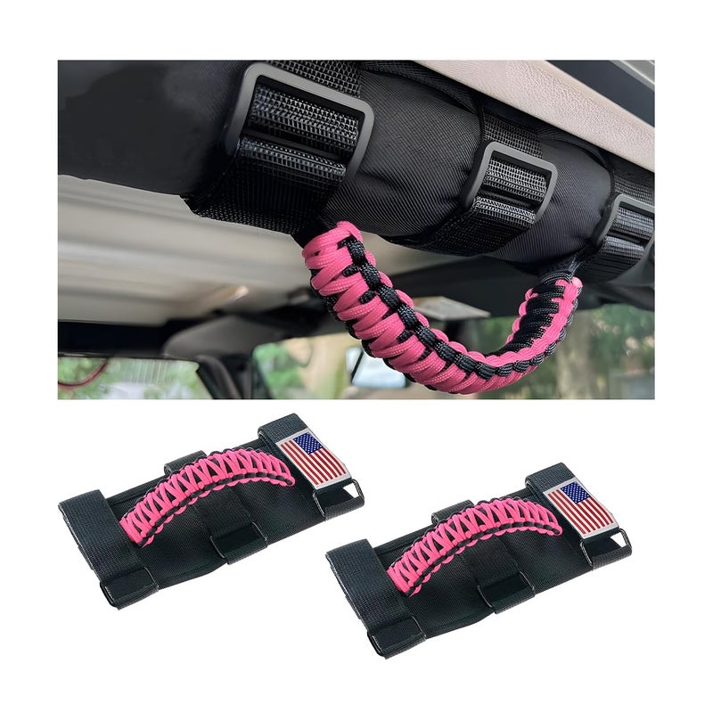 HZEL 2PCS Roll Bar Grab Handles, Oxford Cloth Upgrade Metal Buckle Paracord Grip Handles, Durable and Strong Car Accessories, Compatible with Wrangler JL, JLU, JT, JK, JKU, TJ, LJ and YJ (Pink) - Image 1
