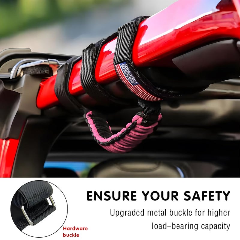 HZEL 2PCS Roll Bar Grab Handles, Oxford Cloth Upgrade Metal Buckle Paracord Grip Handles, Durable and Strong Car Accessories, Compatible with Wrangler JL, JLU, JT, JK, JKU, TJ, LJ and YJ (Pink) - Image 3