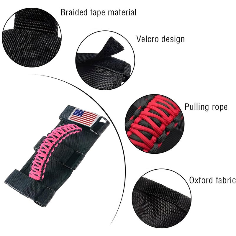 HZEL 2PCS Roll Bar Grab Handles, Oxford Cloth Upgrade Metal Buckle Paracord Grip Handles, Durable and Strong Car Accessories, Compatible with Wrangler JL, JLU, JT, JK, JKU, TJ, LJ and YJ (Pink) - Image 2