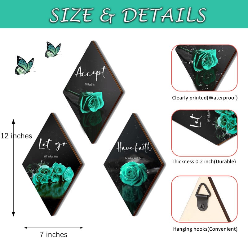 ZINYAZHE 3 Pcs Teal Wall Decor Teal Rose Bathroom Decor Farmhouse Turquoise Bathroom Inspirational Wood Office Wall Art with Accept Let Go Have Faith Sign for Girl Women Living Room Bedroom(Teal Rose12x7 Inch) - Image 1