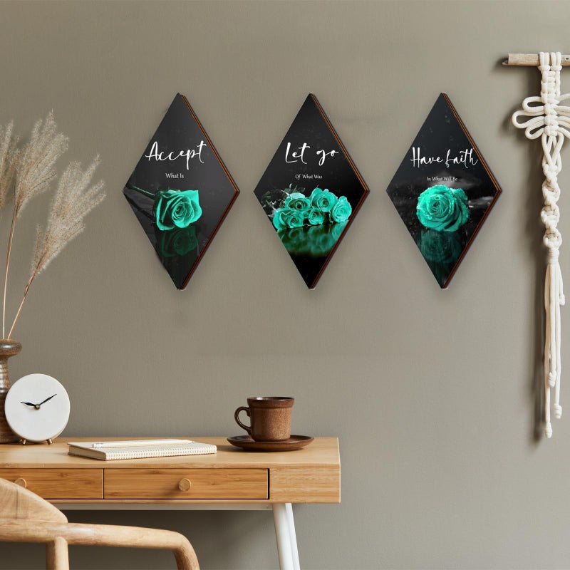 ZINYAZHE 3 Pcs Teal Wall Decor Teal Rose Bathroom Decor Farmhouse Turquoise Bathroom Inspirational Wood Office Wall Art with Accept Let Go Have Faith Sign for Girl Women Living Room Bedroom(Teal Rose12x7 Inch) - Image 2