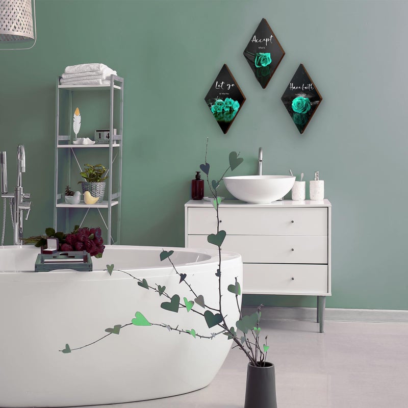ZINYAZHE 3 Pcs Teal Wall Decor Teal Rose Bathroom Decor Farmhouse Turquoise Bathroom Inspirational Wood Office Wall Art with Accept Let Go Have Faith Sign for Girl Women Living Room Bedroom(Teal Rose12x7 Inch) - Image 3