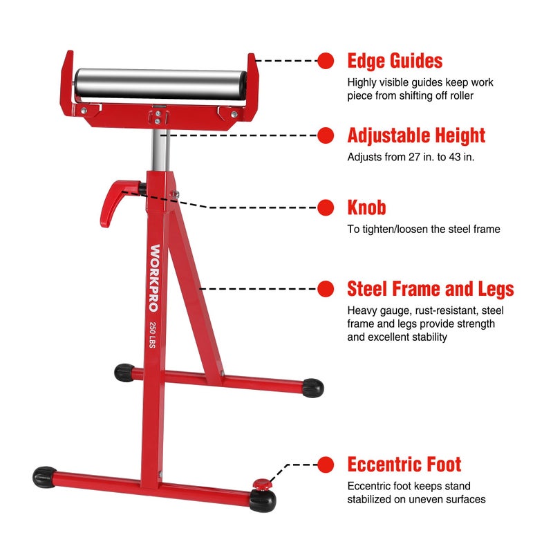 WORKPRO Folding Roller Stand Height Adjustable, Heavy Duty 250 LB Load Capacity, Outfeed Woodworking (Upgraded head) - Image 2
