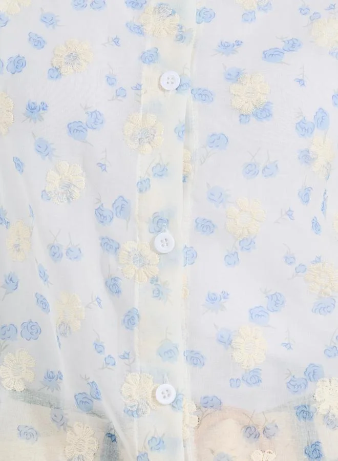 Styli Embroidered Detail Button Down Shirt with Long Cuffed Sleeve