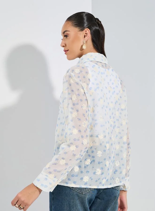 Styli Embroidered Detail Button Down Shirt with Long Cuffed Sleeve
