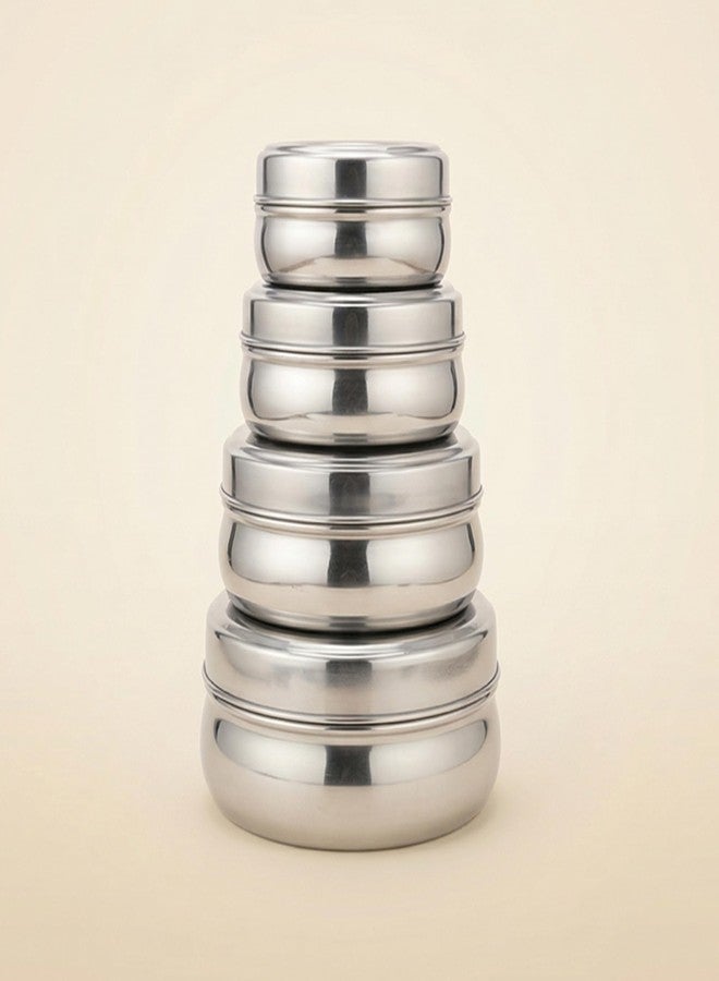 Greensify Stainless Steel Puri Dabba Set of 4 | Round Steel Flat Canisters with Lids | Food Storage Containers for Roti Chapati Dry Fruits | Stackable Multipurpose Kitchen Dabba 200ml to 950ml Silver - Image 1
