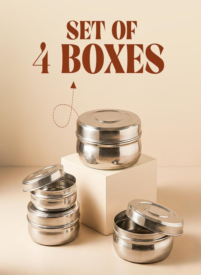 Greensify Stainless Steel Puri Dabba Set of 4 | Round Steel Flat Canisters with Lids | Food Storage Containers for Roti Chapati Dry Fruits | Stackable Multipurpose Kitchen Dabba 200ml to 950ml Silver - Image 3