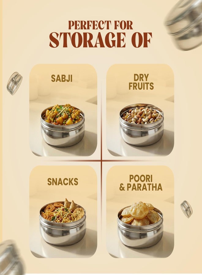 Greensify Stainless Steel Puri Dabba Set of 4 | Round Steel Flat Canisters with Lids | Food Storage Containers for Roti Chapati Dry Fruits | Stackable Multipurpose Kitchen Dabba 200ml to 950ml Silver - Image 4