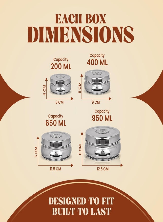Greensify Stainless Steel Puri Dabba Set of 4 | Round Steel Flat Canisters with Lids | Food Storage Containers for Roti Chapati Dry Fruits | Stackable Multipurpose Kitchen Dabba 200ml to 950ml Silver - Image 2