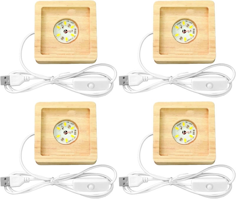 حامل خشبي مزود بـ 4 قواعد إضاءة LED مربعة، ومنفذ USB للطاقة، وـ 6 مصابيح LED، وشاشة كريستالية ثلاثية الأبعاد، وإضاءة بلون دافئ، مصنوع من راتنج فني وأكريليك وزجاج، مع مفتاح للتشغيل. - Image 1