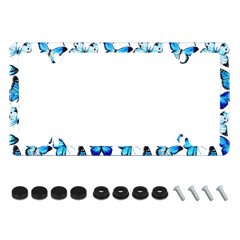 UNINDREM Butterfly License Plate Frame Blue Butterfly Print License Plate Holder Stainless Steel Auto Parts Decoration with Screws for Men Women License Plate 4 Holes 1pcs - Image 1