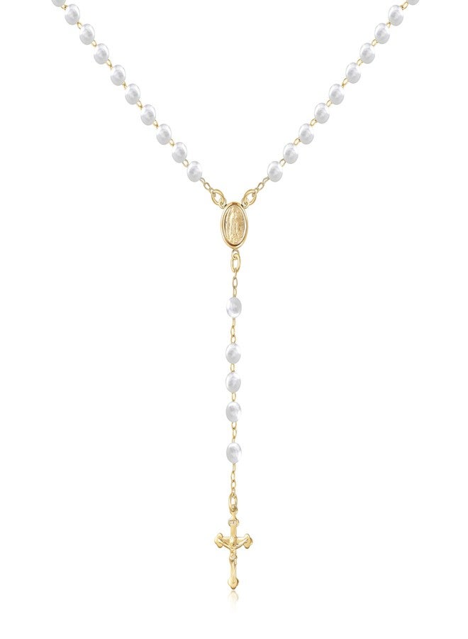 Barzel 18K Gold Plated Rosary Beaded Necklace, Virgin Mary Guadalupe Necklace, 18 Inches with 2 Inch Extension, Waterproof, Tarnish Free, Made in Brazil (Pearl) - Image 1