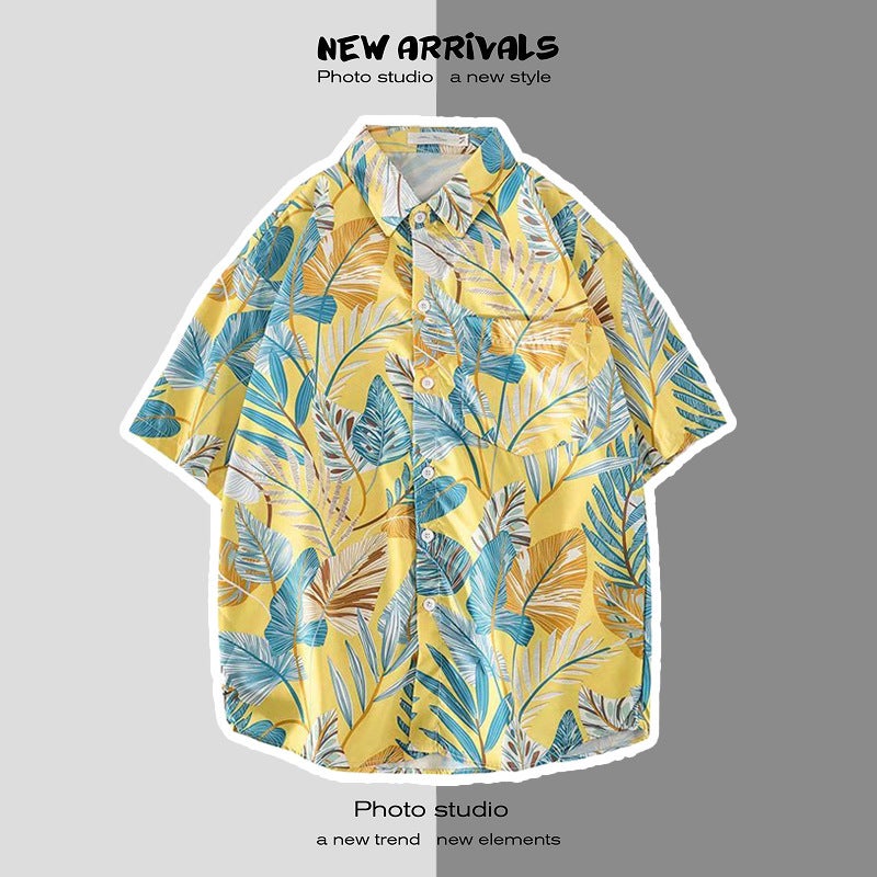 Japanese Style Instagram Style Summer Short-sleeved Floral Shirt for Men and Women Retro Loose Shirt for Hawaiian Beach Couple 1123 yellow