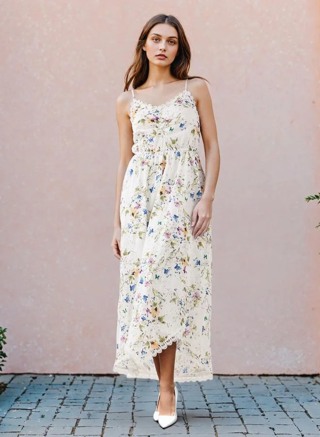 2Xtremz 2Xtremz Floral Print Sleeveless Maxi Dress with V-neck and Schiffli Detail