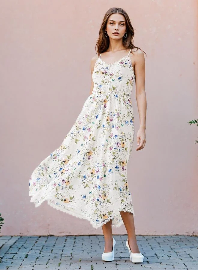 2Xtremz 2Xtremz Floral Print Sleeveless Maxi Dress with V-neck and Schiffli Detail