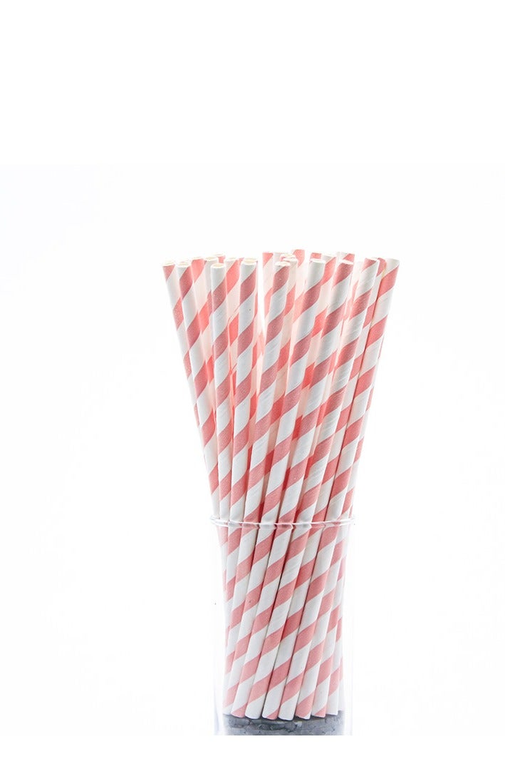 BarPros Eco-Friendly Paper Drinking Straws, Matte Pink & White Striped, Rigid Non-Flexible, 6mm Diameter x 195mm Length, Pack of 250 - Image 1