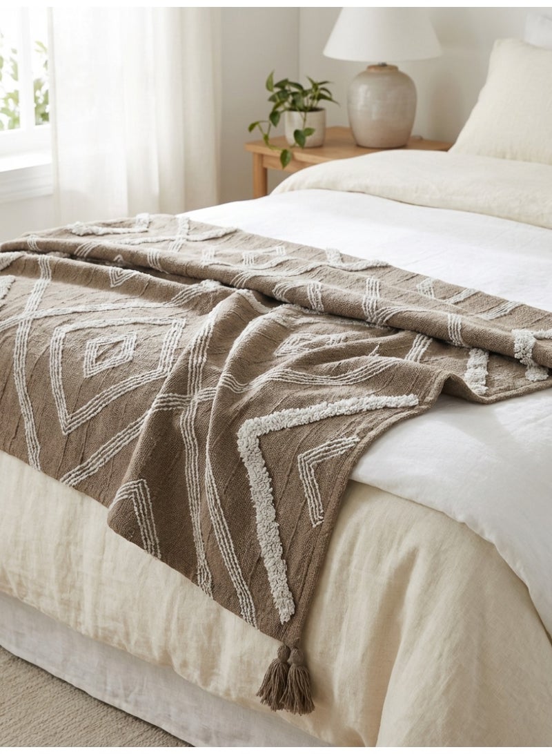Ambrosia 130 x 160 cm 400GSM Pastel Cotton Throw Blanket in Mocha Brown Featuring Tufted Geometric Patterns Decorative Boho Cover for Couch Sofa and Bed - Image 3