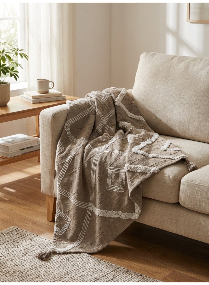 Ambrosia 130 x 160 cm 400GSM Pastel Cotton Throw Blanket in Mocha Brown Featuring Tufted Geometric Patterns Decorative Boho Cover for Couch Sofa and Bed - Image 4