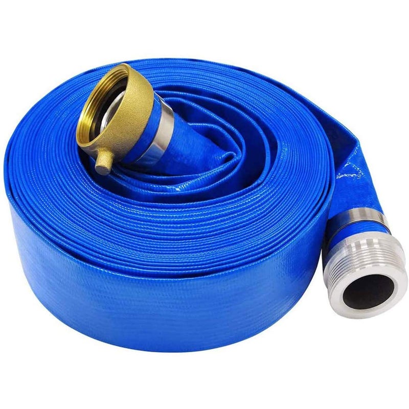2 x 50 Blue PVC Backwash and Discharge Hose for Swimming Pools Heavy Duty Reinforced Flat Pool Hose with Aluminum Pin Lug Fittings