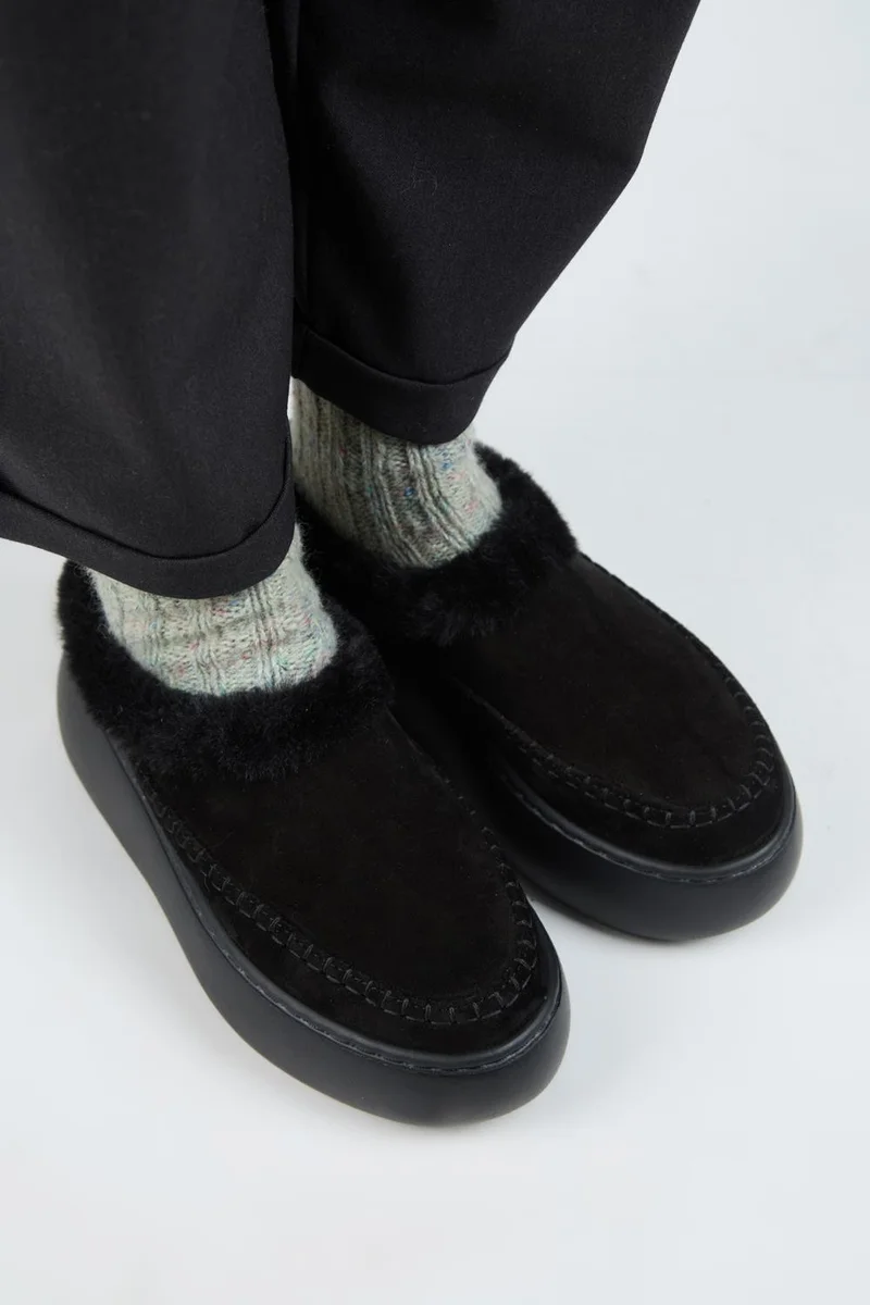 Manijero Manijero (Bazin Fur) Women's Genuine Leather Clogs with Fur Lining, Black Platform Slippers