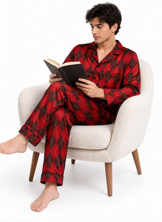 MARGOUN Men's Satin Pajamas Set – Luxury Long Sleeve Button-Down Top & Trousers Nightwear, Soft Argyle Diamond Check Loungewear 2-Piece Sleepwear Set MG11 - Image 5