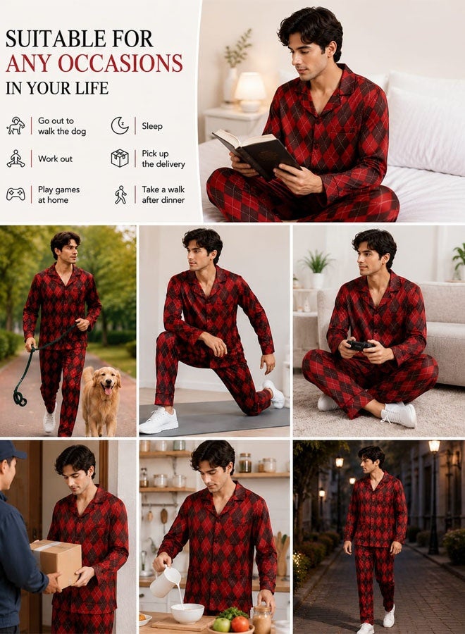 MARGOUN Men's Satin Pajamas Set – Luxury Long Sleeve Button-Down Top & Trousers Nightwear, Soft Argyle Diamond Check Loungewear 2-Piece Sleepwear Set MG11 - Image 3