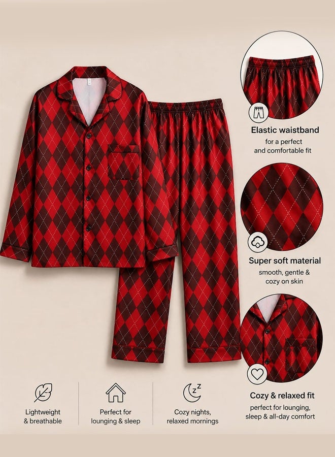 MARGOUN Men's Satin Pajamas Set – Luxury Long Sleeve Button-Down Top & Trousers Nightwear, Soft Argyle Diamond Check Loungewear 2-Piece Sleepwear Set MG11 - Image 4