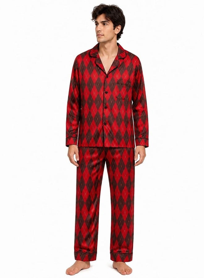 MARGOUN Men's Satin Pajamas Set – Luxury Long Sleeve Button-Down Top & Trousers Nightwear, Soft Argyle Diamond Check Loungewear 2-Piece Sleepwear Set MG11 - Image 1