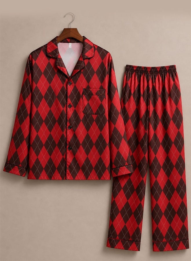 MARGOUN Men's Satin Pajamas Set – Luxury Long Sleeve Button-Down Top & Trousers Nightwear, Soft Argyle Diamond Check Loungewear 2-Piece Sleepwear Set MG11 - Image 2