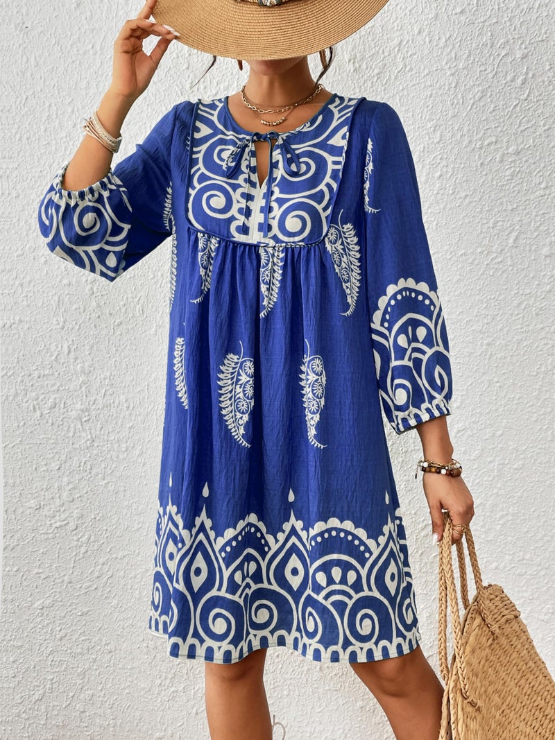 Eddoyee Womens Summer Casual Dresses 3/4 Sleeve Boho Floral Dress V Neck Flowy Sun Dress for Beach Vacation Blue - Image 2