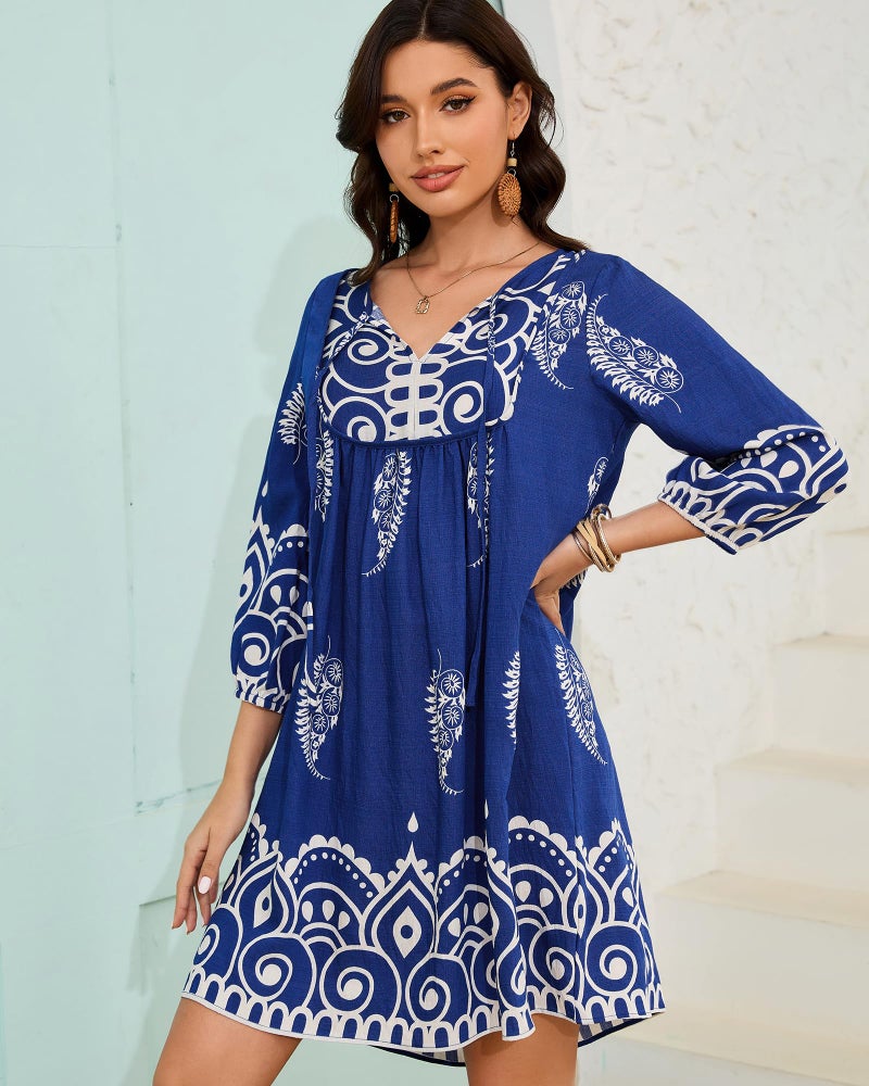 Eddoyee Womens Summer Casual Dresses 3/4 Sleeve Boho Floral Dress V Neck Flowy Sun Dress for Beach Vacation Blue - Image 3