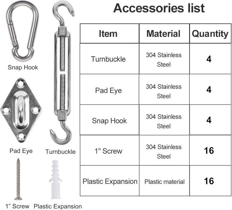 YOFIT 44 Pcs Shade Sail Hardware Kit, 5 Inch Outdoor Sun Sail Accessories, 304 Stainless Steel Turnbuckles & Brackets for Triangle/Rectangle Sails, Patio Canopy Installation Hardware Set Waterproof - Image 2